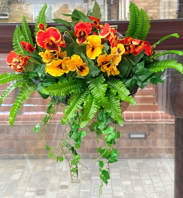 Wall Hanging Baskets with orange pansies Artificial Flower Studio